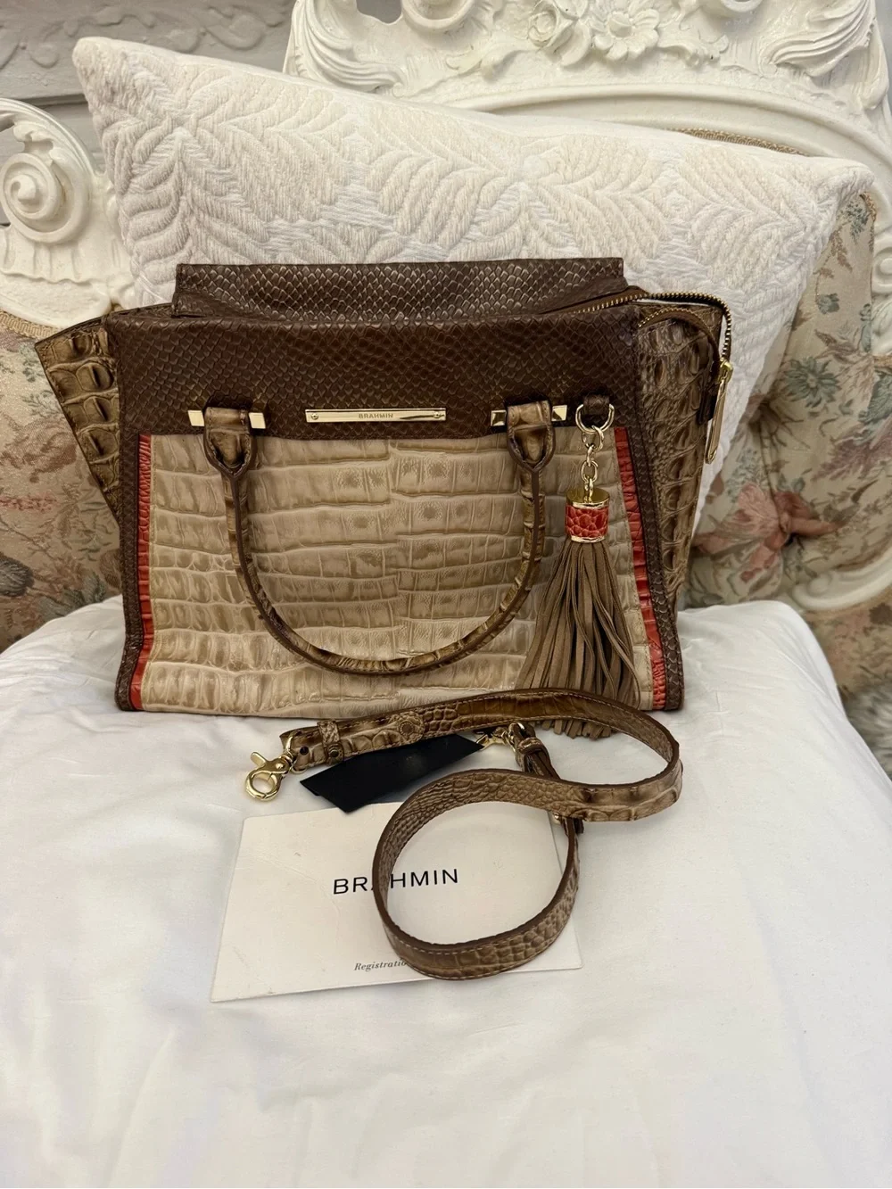 Croc-Embossed Tote in Beige and Brown with Red Trim